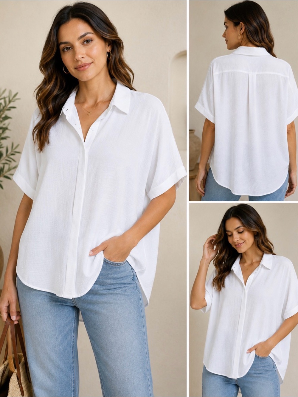 DOKOTOO White Oversized Button Down Blouse Short Sleeve Size L